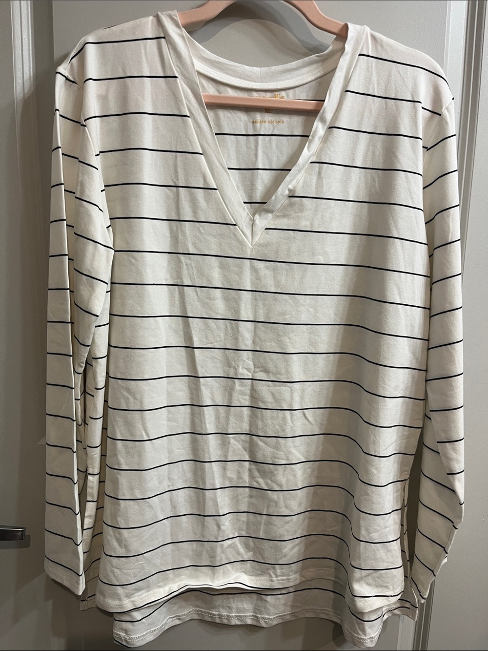 Amaryllis White V-Neck Long-Sleeve Top with Black Stripes